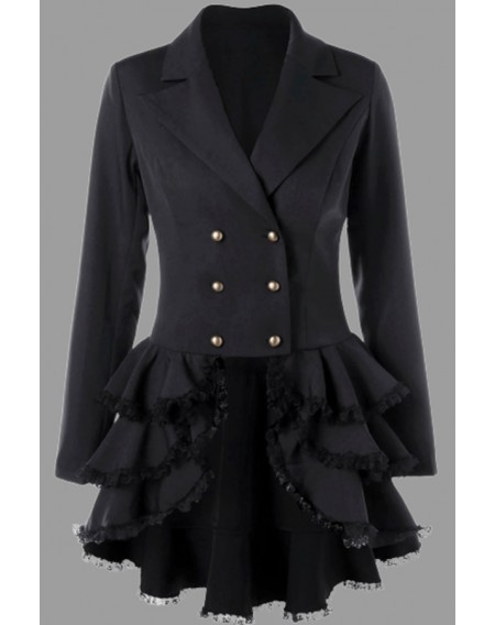 Lovely Casual Turn-back Collar Flounce Design Black Plus Size Coat