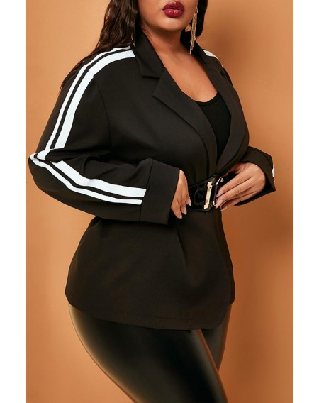 Lovely Casual Striped Patchwork Black Plus Size Blazer(Without Belt)