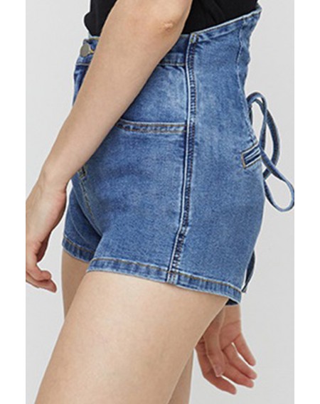 Lovely Casual Bandage Design Blue Denim Shorts