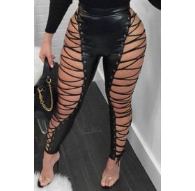 LovelyFashion High Elastic Waist Lace-up Hollow-out Black Leather Pants