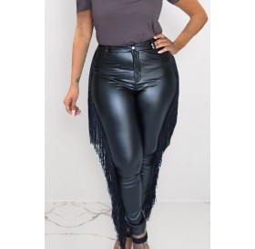 Lovely Casual Tassel Design Pitch-black PU Pants