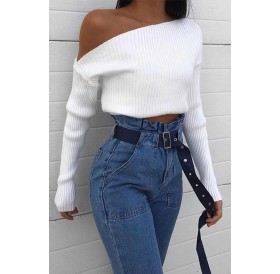 Lovely Casual Dew Shoulder White Sweater