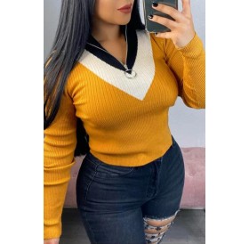 Lovely Casual Turtleneck Color-lump Patchwork Yellow Sweater