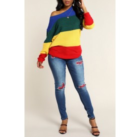 Lovely Casual O Neck Patchwork Multicolor Sweater（With Elastic)