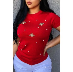 Lovely Leisure Pearls Decoration Red T-shirt