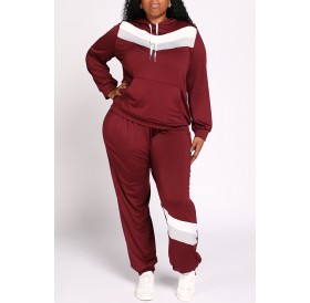 Lovely Casual Hooded Collar Patchwork Wine Red Plus Size Two-piece Pants Set
