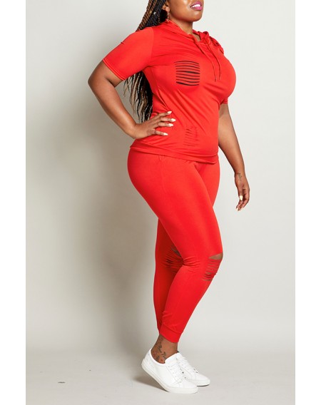 Lovely Leisure Hollow-out Red Plus Size Two-piece Pants Set