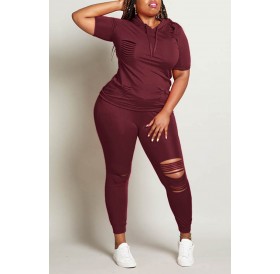 Lovely Casual Hollow-out Wine Red  Plus Size Two-piece Pants Set