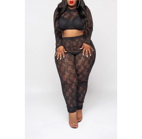 Lovely Sexy See-through Printed Black Plus Size Two-piece Pants Set(Without Lining)