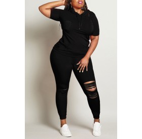 Lovely Leisure Hollow-out Black Plus Size Two-piece Pants Set