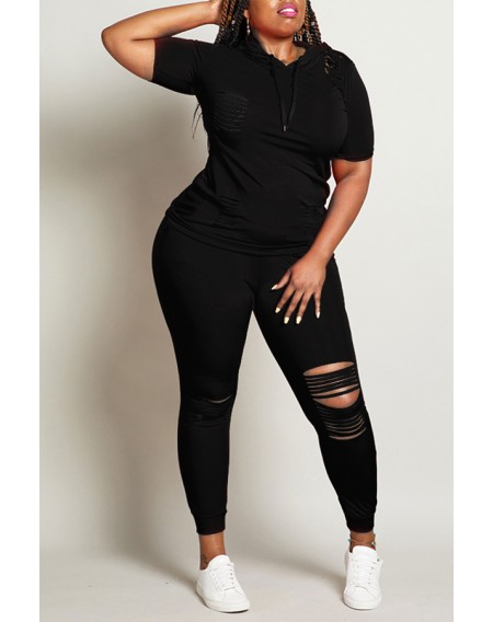 Lovely Leisure Hollow-out Black Plus Size Two-piece Pants Set