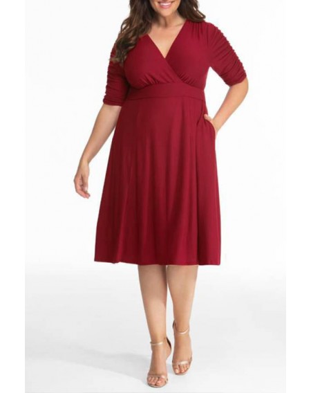 Lovely Casual V Neck Loose Wine Red  Knee Length Plus Size Dress