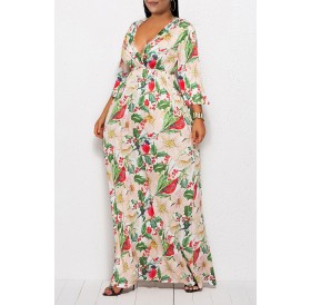 Lovely Casual V Neck Floral Printed Green Ankle Length Plus Size Dress
