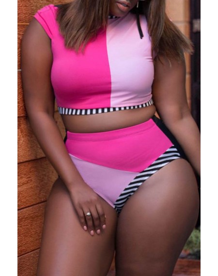 Lovely Patchwork Pink Plus Size Two-piece Swimwear