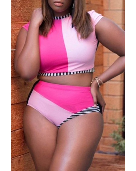 Lovely Casual Patchwork Pink Plus Size Two-piece Swimwear