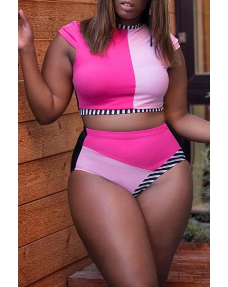 Lovely Casual Patchwork Pink Plus Size Two-piece Swimwear