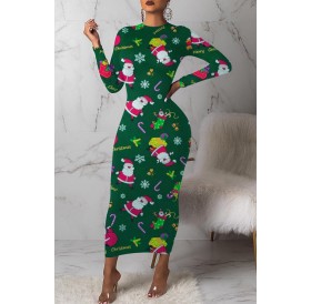 Lovely Christmas Day Printed Green Mid Calf Dress