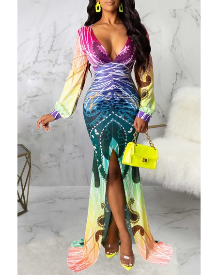 Lovely Party V Neck Printed Multicolor Trailing Evening Dress