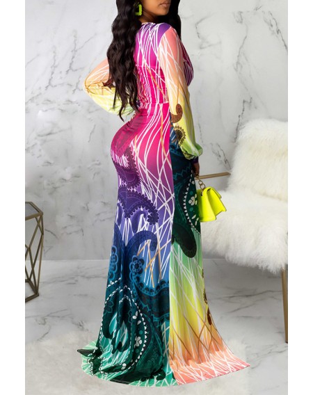 Lovely Party V Neck Printed Multicolor Trailing Evening Dress