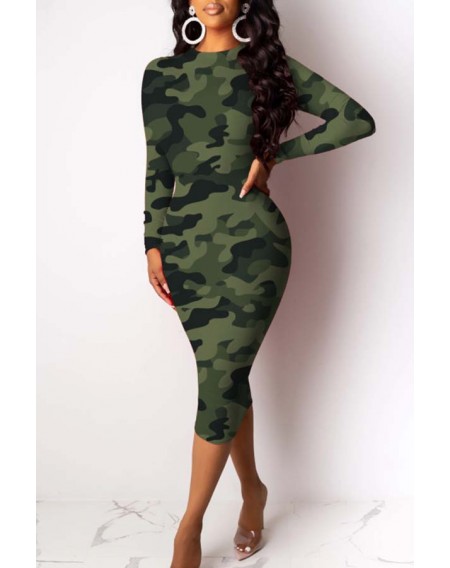 Lovely Casual Camouflage Printed Army Green Mid Calf Dress