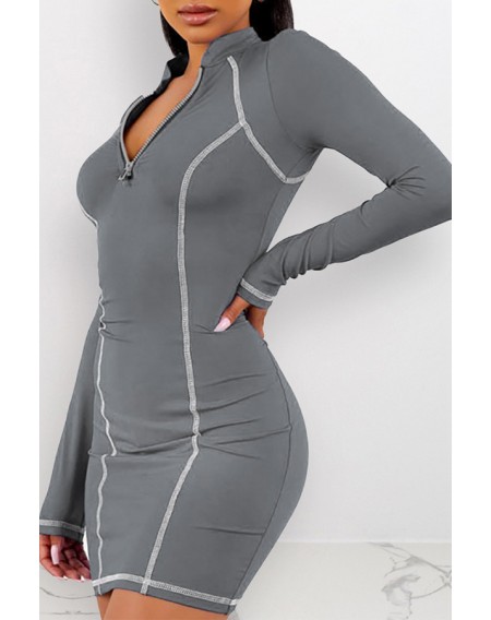 Lovely Casual Zipper Design Grey Mini Dress