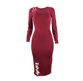 Lovely Casual Hollow-out Wine Red Mid Calf Dress
