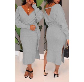 Lovely Casual Hollowed-out Grey Mid Calf Dress