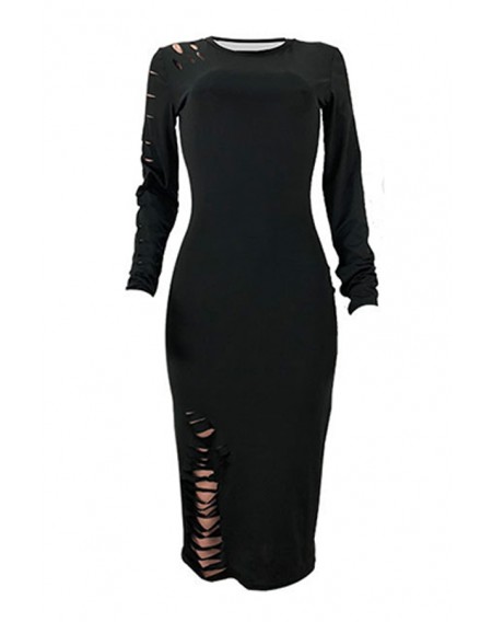 Lovely Casual Hollow-out Black Mid Calf Dress