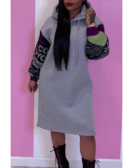 Lovely Casual Hooded Collar Patchwork Grey Knee Length Dress