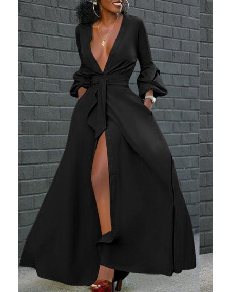 Lovely Casual V Neck Buttons Design Black Floor Length Dress