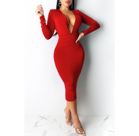 Lovely Casual Deep V Neck Red Mid Calf Dress