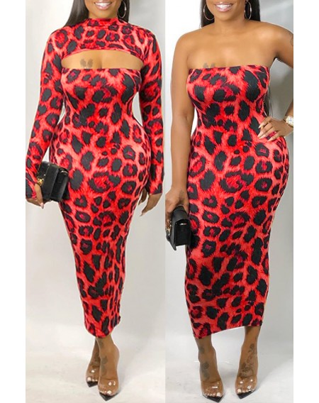 Lovely Party Leopard Printed Red Ankle Length Dress
