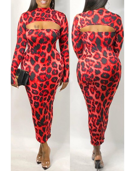 Lovely Party Leopard Printed Red Ankle Length Dress