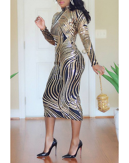 Lovely Casual Turtleneck Printed Gold Knee Length Dress