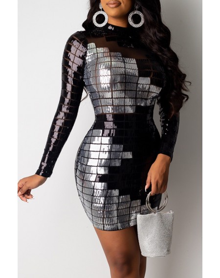 Lovely Party Patchwork Sequined Black Mini Dress