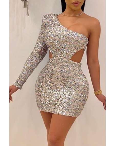 Lovely Party Hollow-out Silver Mini Dress