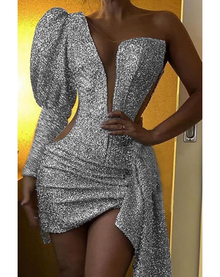 Lovely Party One Shoulder Silver Mini Evening Dress