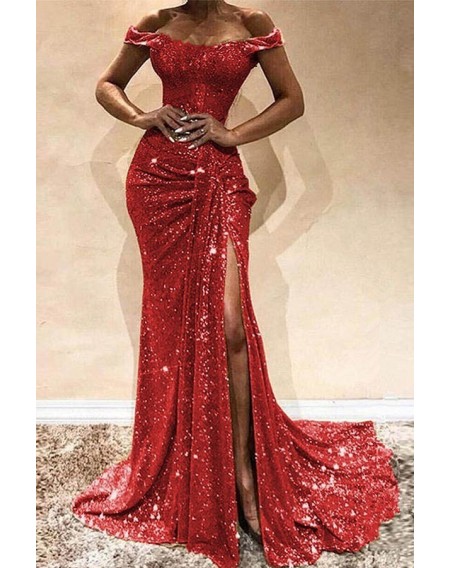 Lovely Party Side High Slit Red Trailing Evening Dress