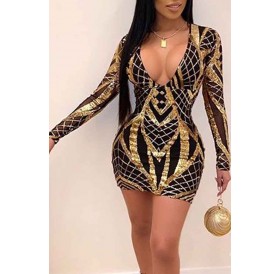 Lovely Party V Neck Hollow-out Gold Mini Dress
