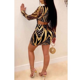 Lovely Party V Neck Hollow-out Gold Mini Dress