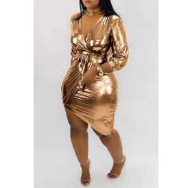 Lovely Trendy V Neck Asymmetrical Gold Mini Dress