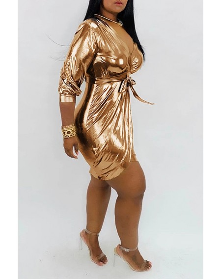 Lovely Trendy V Neck Asymmetrical Gold Mini Dress