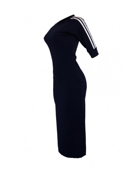 Lovely Sexy Round Neck Striped Dark Blue Polyester Sheath Mid Calf Dress