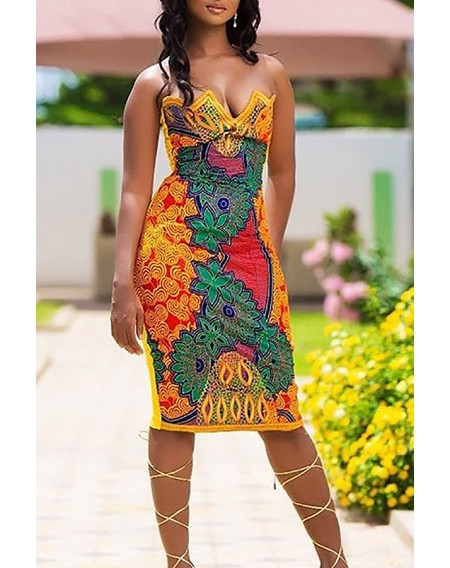 Lovely Ethnic Patchwork Printed Yellow Knee Length Dress