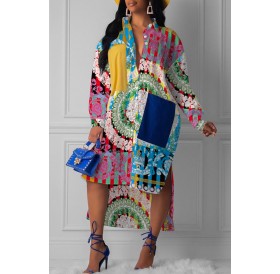 Lovely Trendy Turndown Collar Printed Multicolor Mid Calf Dress