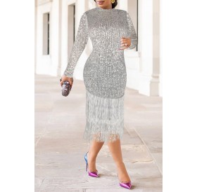 Lovely Casual Tassel Design Silver Knee Length Dress