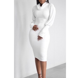Lovely Casual Turtleneck Ruffle Design White Knee Length Dress
