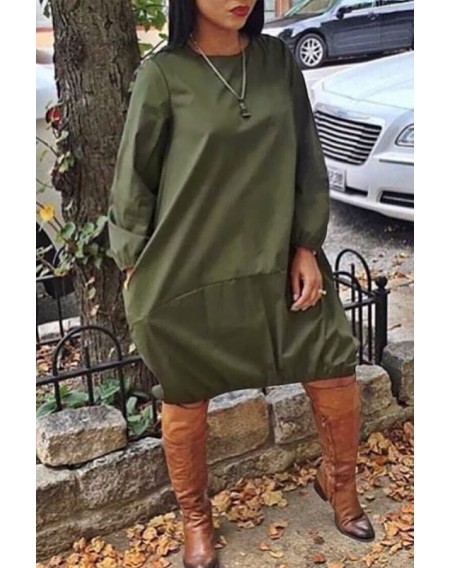 Lovely Euramerican Long Sleeves Loose Army Green Knee Length Dress
