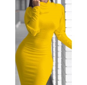 Lovely Casual Turtleneck Ruffle Design Yellow Knee Length Dress