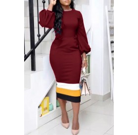 Lovely Trendy Patchwork Wine Red Twilled Satin Mid Calf Dress